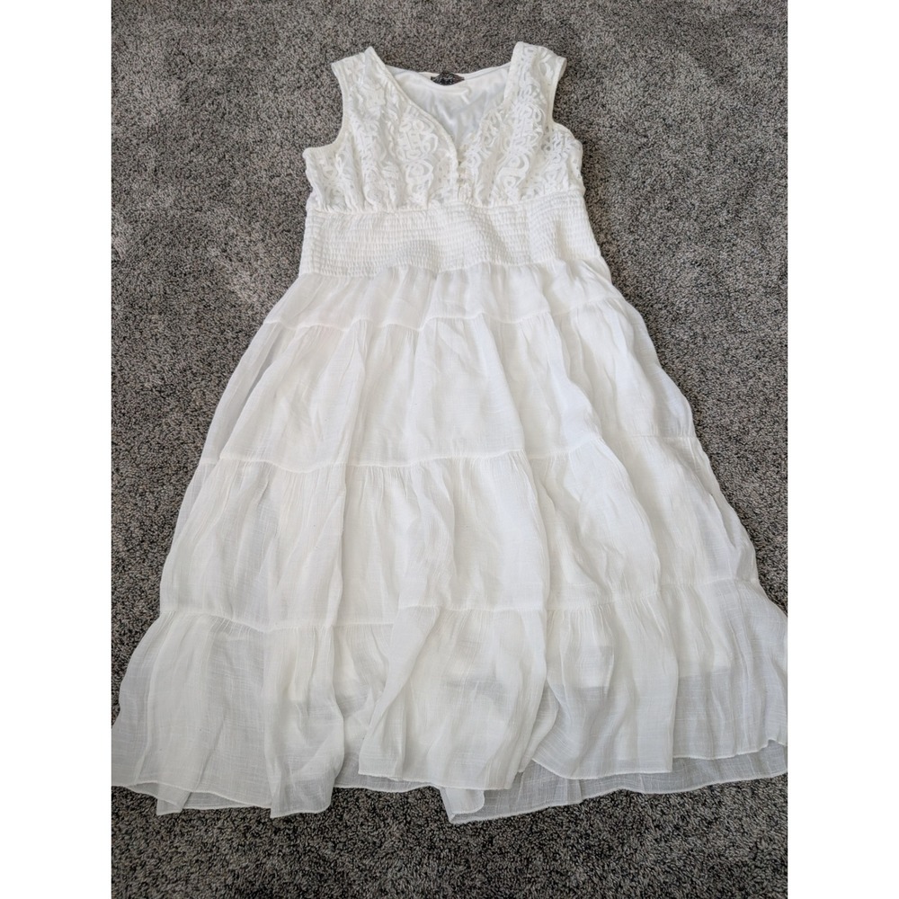 J. Gee White Lace Boho Midi Dress Sleeveless Smocked Tiered Gauze PXL Womens